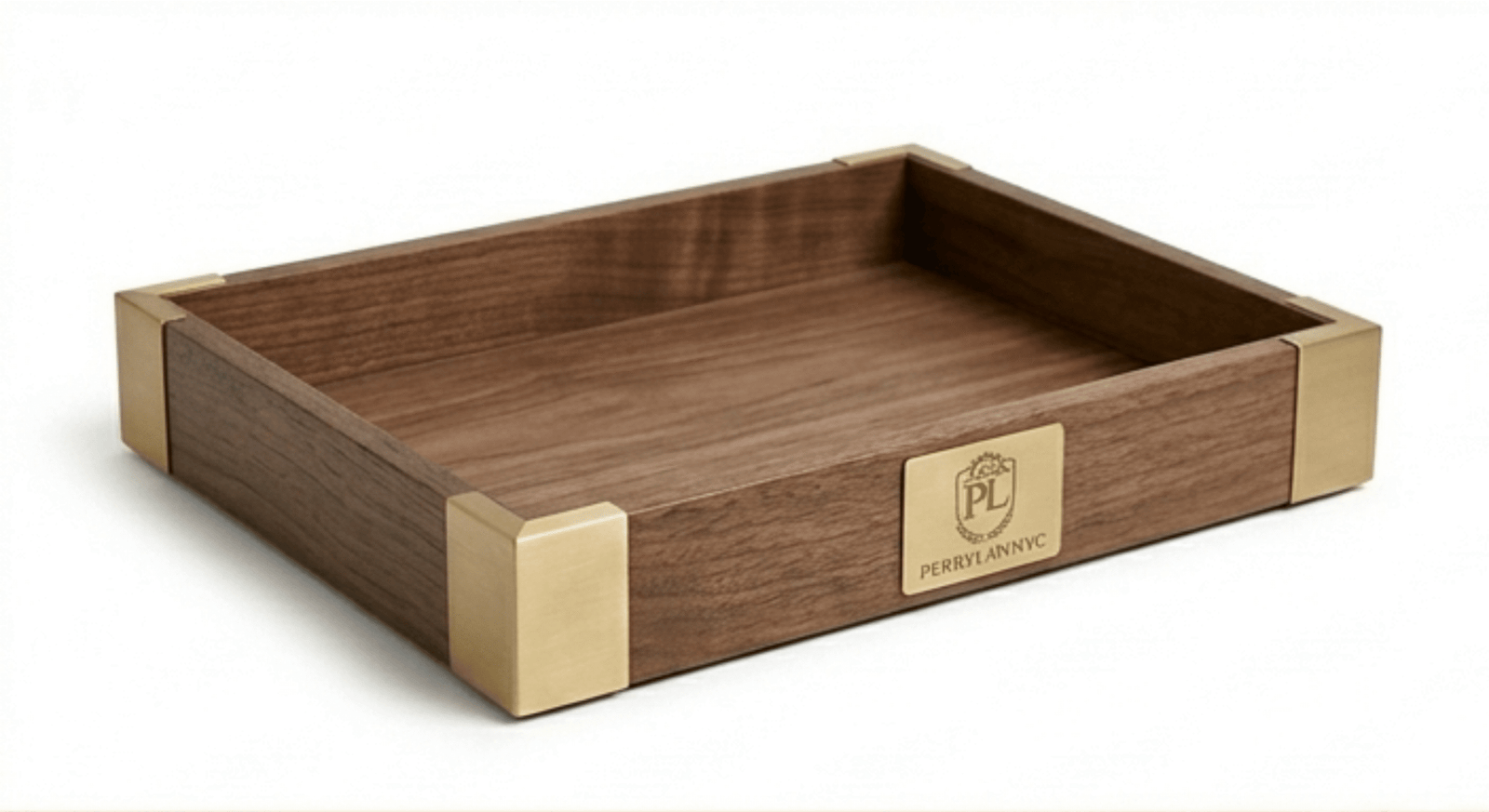 PERRYLAWNYC Solid Walnut and Brass Executive Document Tray